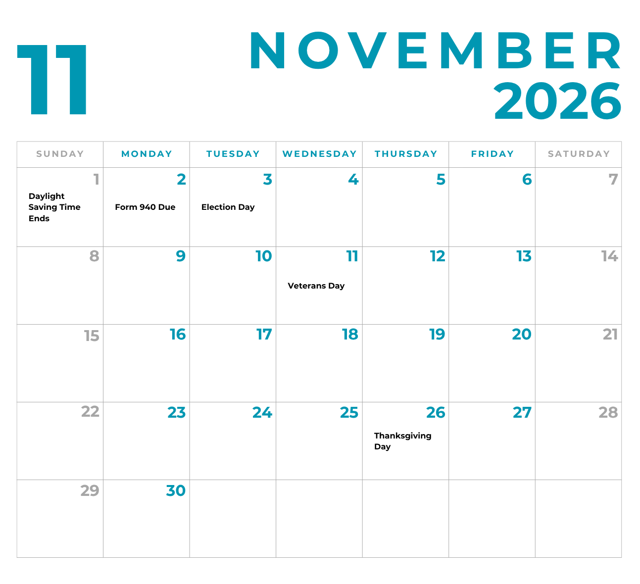 November 2026 Calendar HR Synergy LLC